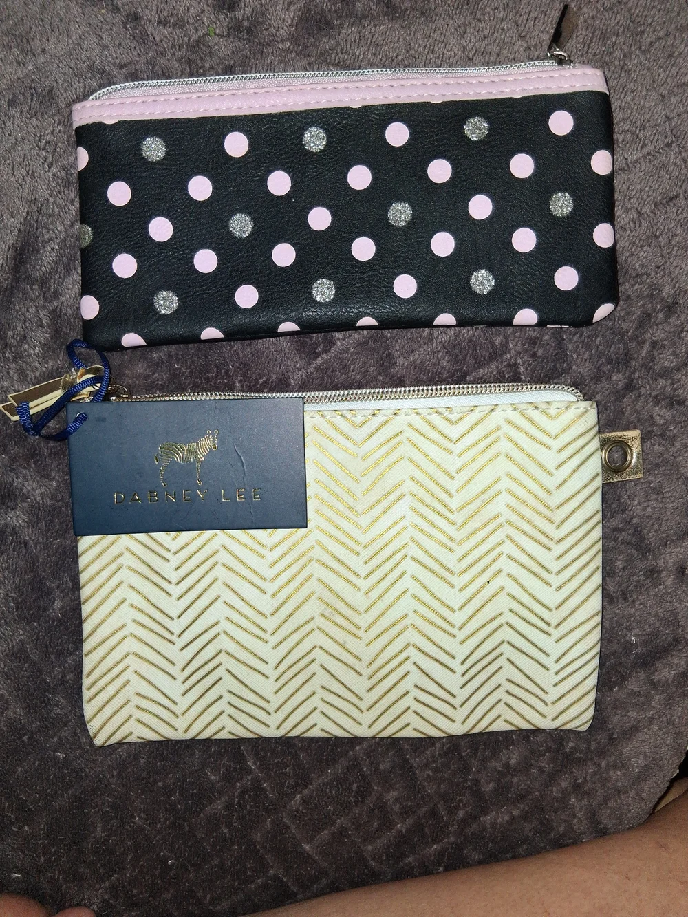 Dabney Lee Pink Polka Dot and Gold Accent Cosmetic Pouches Set